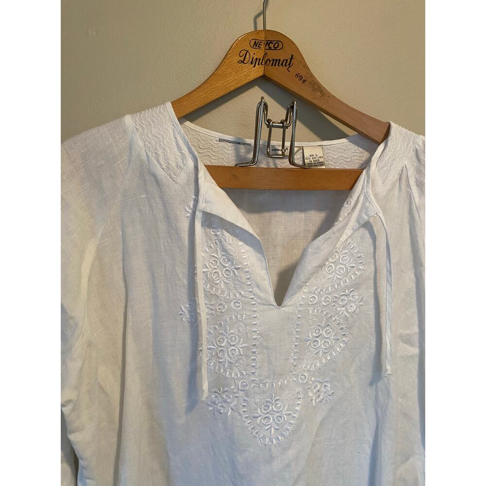 Edward Irish Linen Embroidered Tunic Blouse Top Size L 3/4 Sleeve Boho Beach